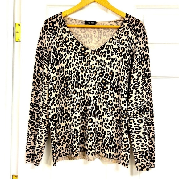 CAROLL Paris Lamb Wool Cashmere V-neck sweater animal print jacquard women’s L - Picture 1 of 9